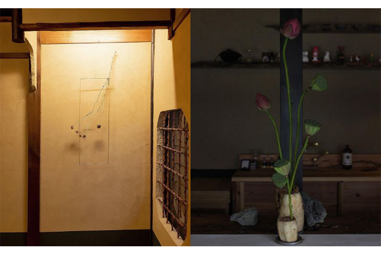 （左）宿空間での体験イベント「醒間 壱／SAMASIMA I」で客室を植物でデザインした時の様子（右）喫茶 狐菴で開かれたイベントで蓮の花を展示
